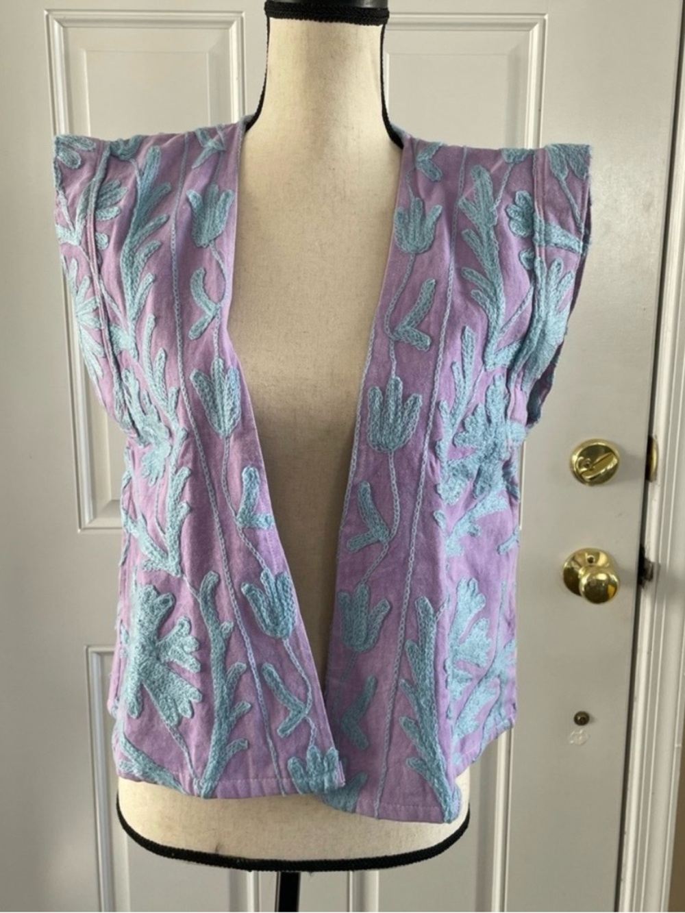Lavender & Light Blue Embroidered Open Vest